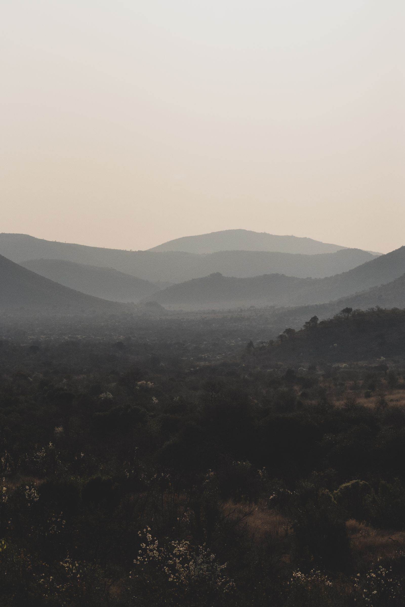 Misty green hills and valleys of KwaZulu-Natal at dusk